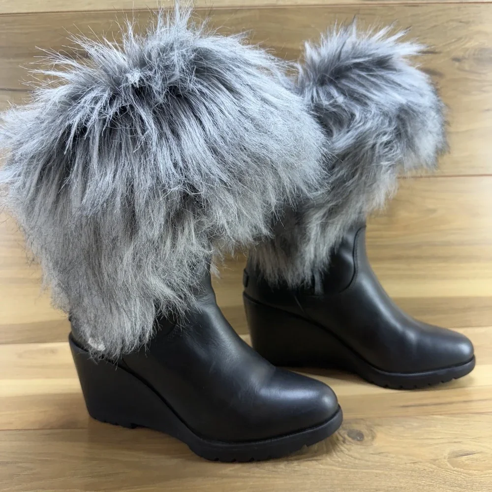 Sorel Park City Lux Leather Boot Womens 8.5 Black Gray Faux Fur Waterproof Wedge